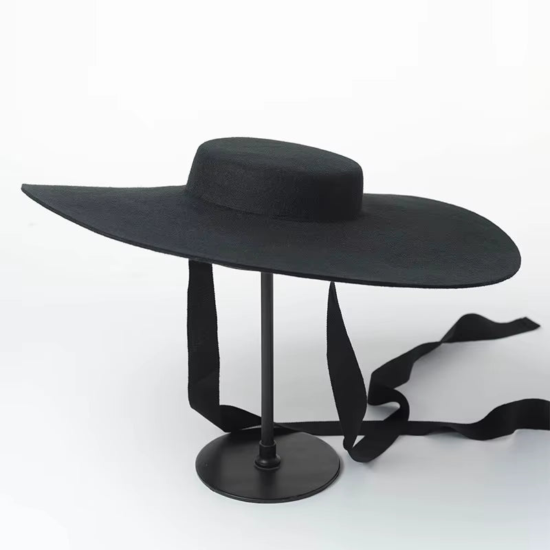 4Cm Hat High Wool Hat Oversized 15Cm Big Brim Shallow Top Shallow Top Fedora Hat Men and Women Flat Top Hat New Big Brim Hat