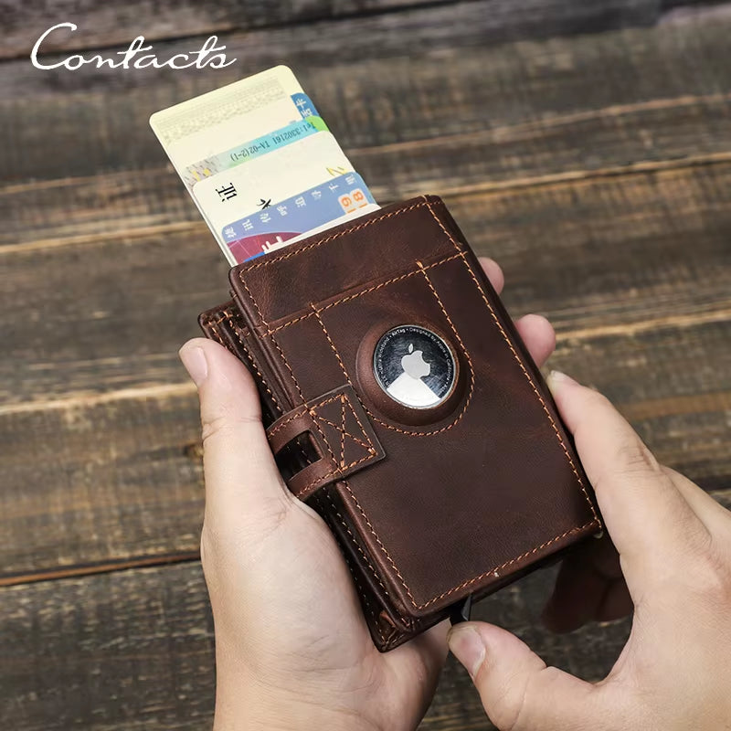CONTACT'S Genuine Leather Airtag Wallets for Men RFID Aluminum Card Holder Metal Wallets Zip Coin Purse Money Clip Men'S Wallets