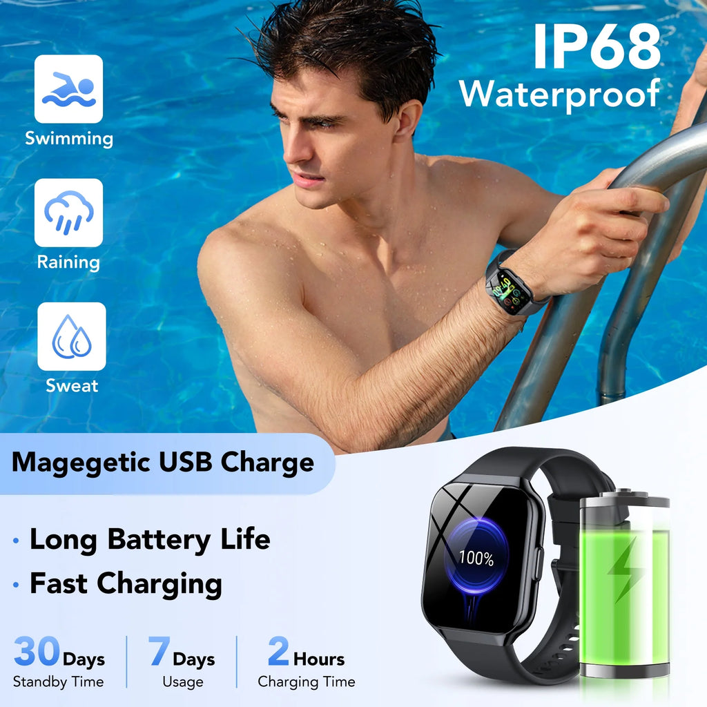 Smart Watch Fits for Android and Iphone 1.96'' Smartwatch for Men Women 110+ Sports Modes Fitness Tracker with Answer Make Calls/Message Reminder, IP68 Waterproof for Gift (Black)