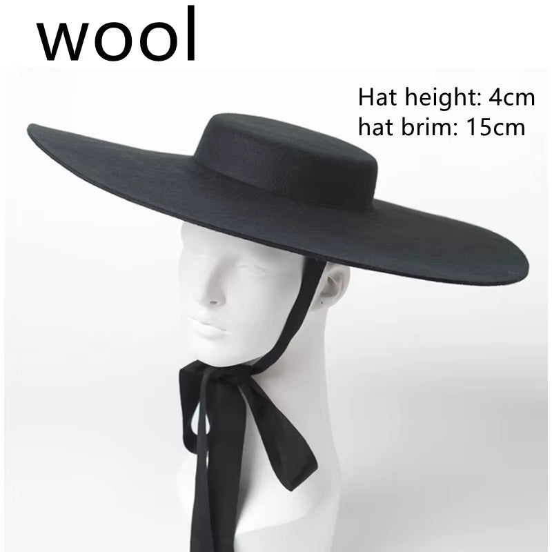 4Cm Hat High Wool Hat Oversized 15Cm Big Brim Shallow Top Shallow Top Fedora Hat Men and Women Flat Top Hat New Big Brim Hat