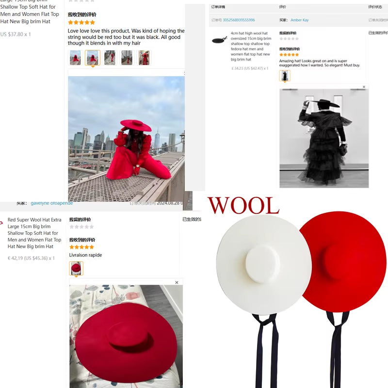 4Cm Hat High Wool Hat Oversized 15Cm Big Brim Shallow Top Shallow Top Fedora Hat Men and Women Flat Top Hat New Big Brim Hat